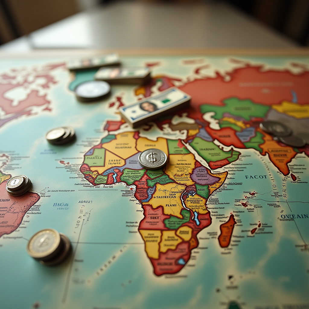 Stacks of coins and cash are placed on a colorful map of the world.