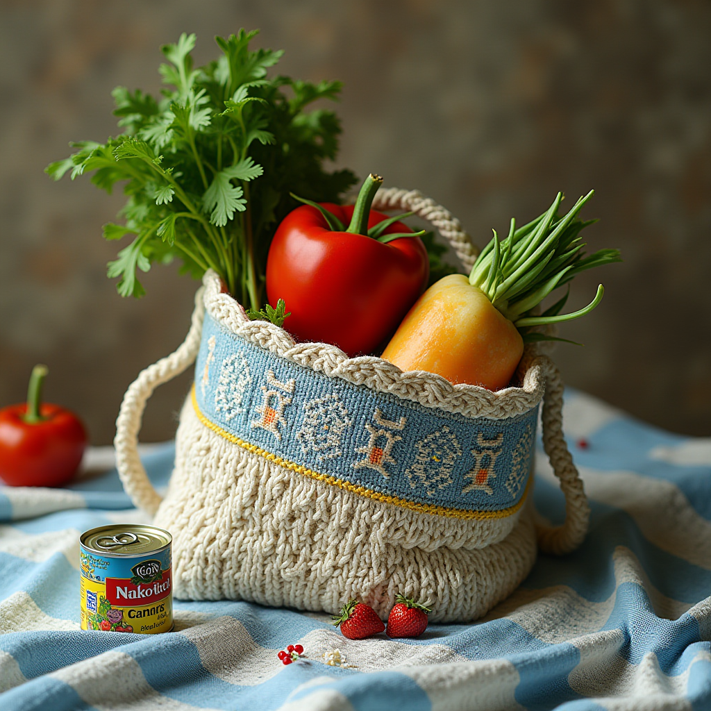 A woven basket filled with fresh vegetables and herbs, sitting on a blue and white cloth, with a small can of produce and fresh strawberries nearby.