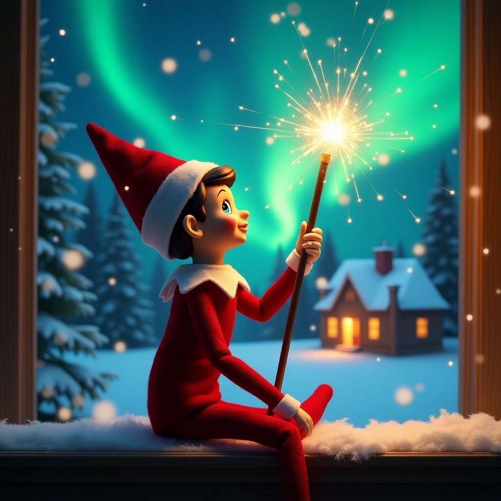 Elf on a shelf sitting back to viewer. Elf gazes skyward holding glowing wand. Colorful northern lights in background. Cozy house seen in distance. Snow on ground. Elf embodies Christmas magic.