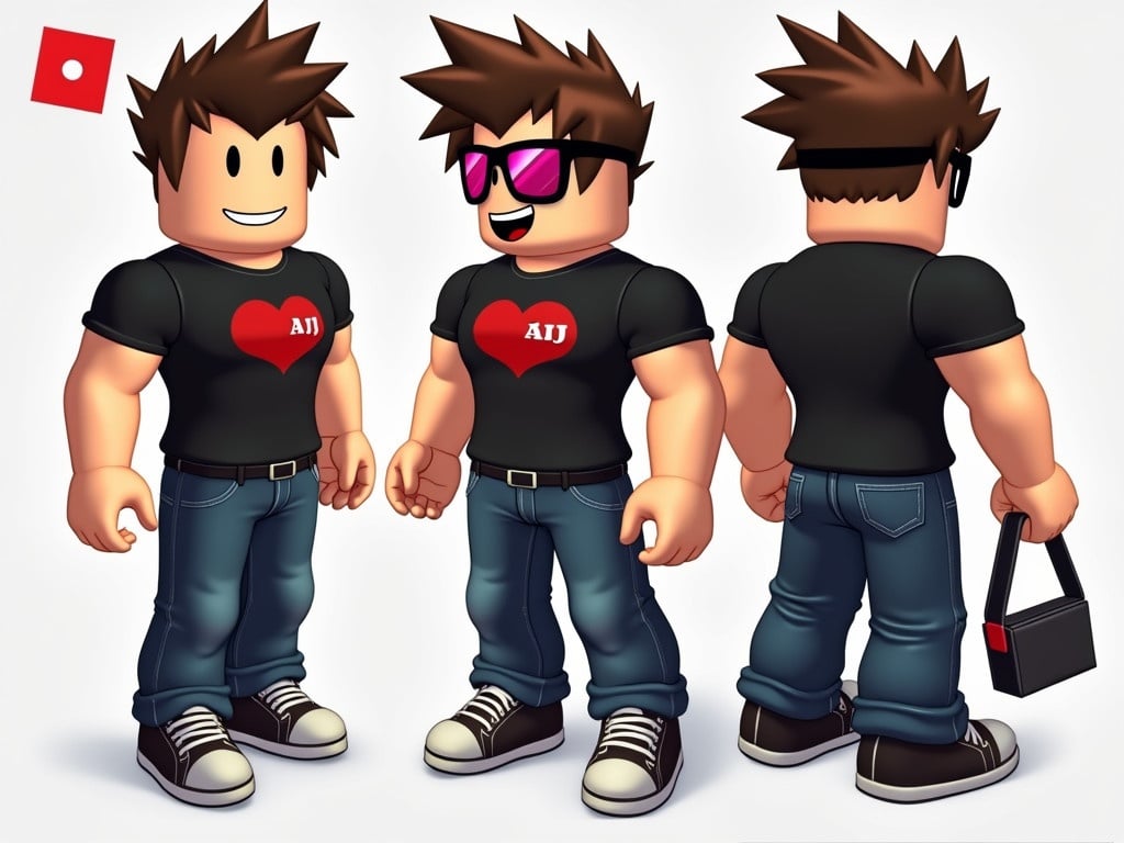 Design a Roblox character. Include a backpack with a retro controller. Add dart sunglasses. Character wears AJ Striker’s shirt. Show a victory smile. He has black jeans and shoes. Hair is brown.