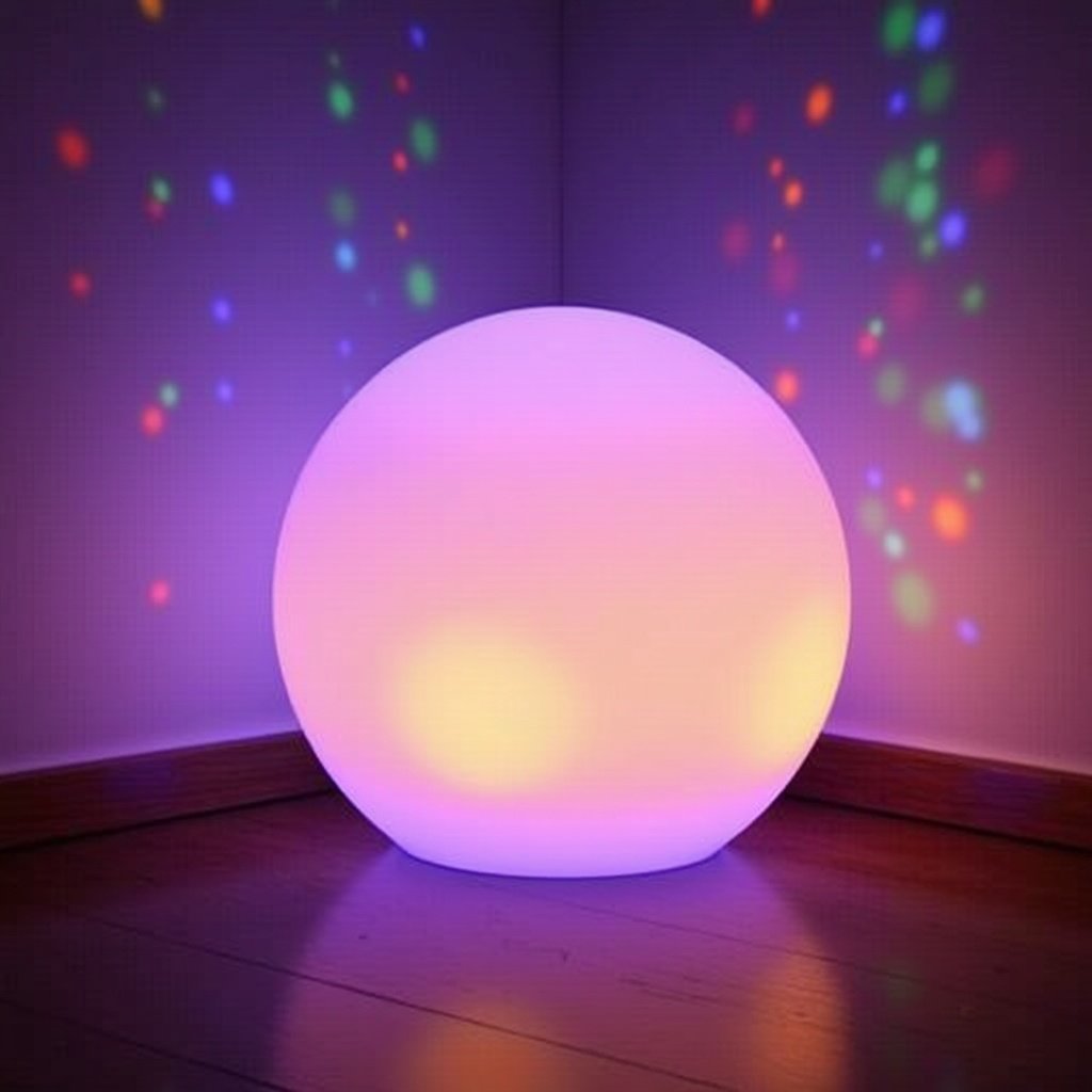 Ethereal glowing sphere emits colorful light. Positioned in room corner, casting vibrant reflections. Soft hues of purple, orange, blue create inviting atmosphere. Modern artistic lighting element suitable for interior spaces.