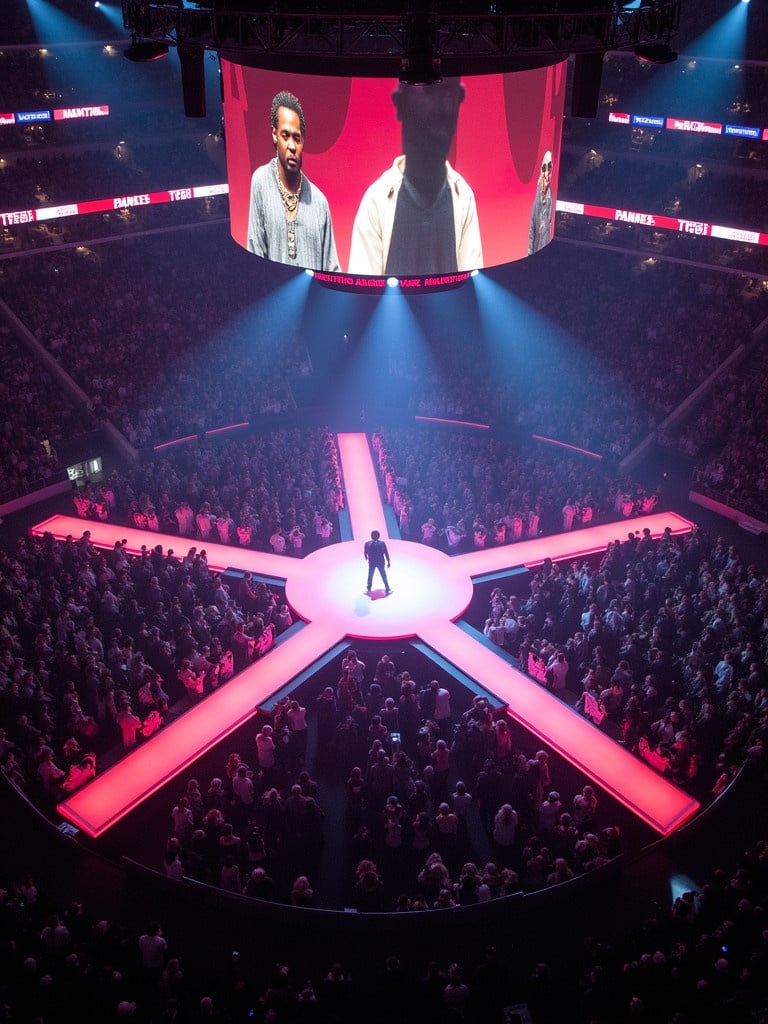 Travis Scott performing at Madison Square Garden. Aerial view shows a 360 concert stage with a T shape. Audience surrounds the performer. The stage is brightly lit with red tones. Large screen displays images above.