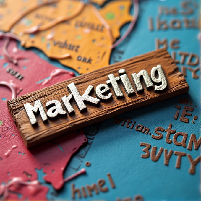 A wooden sign with the word 'Marketing' stands out against a colorful background covered in assorted letters and symbols.