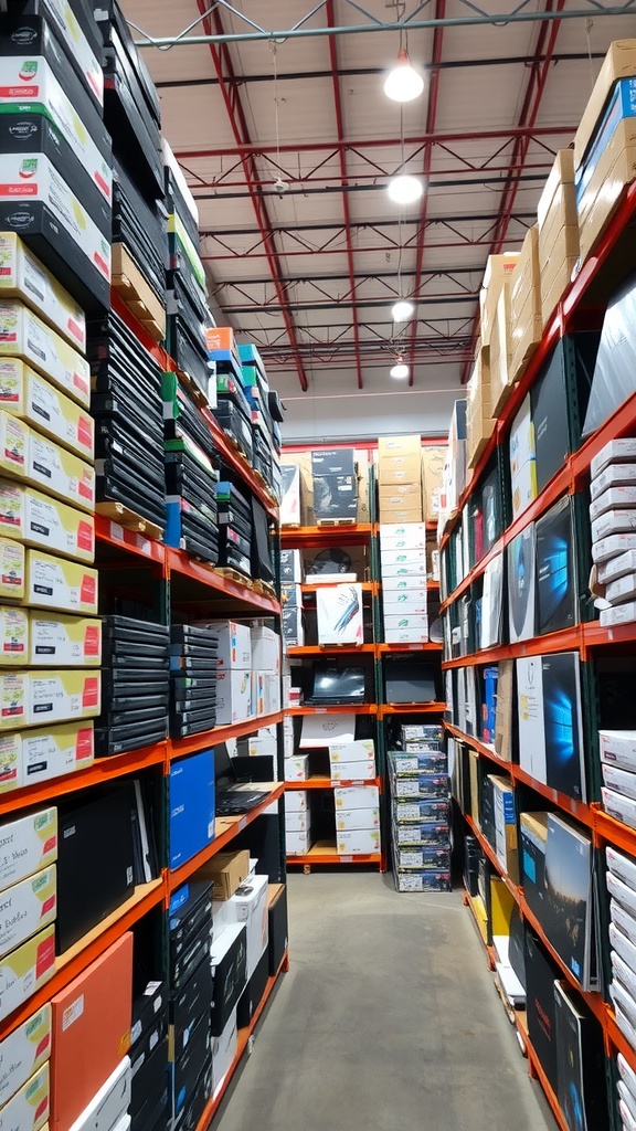 A neatly organized warehouse aisle filled with stacked electronics and office supplies.