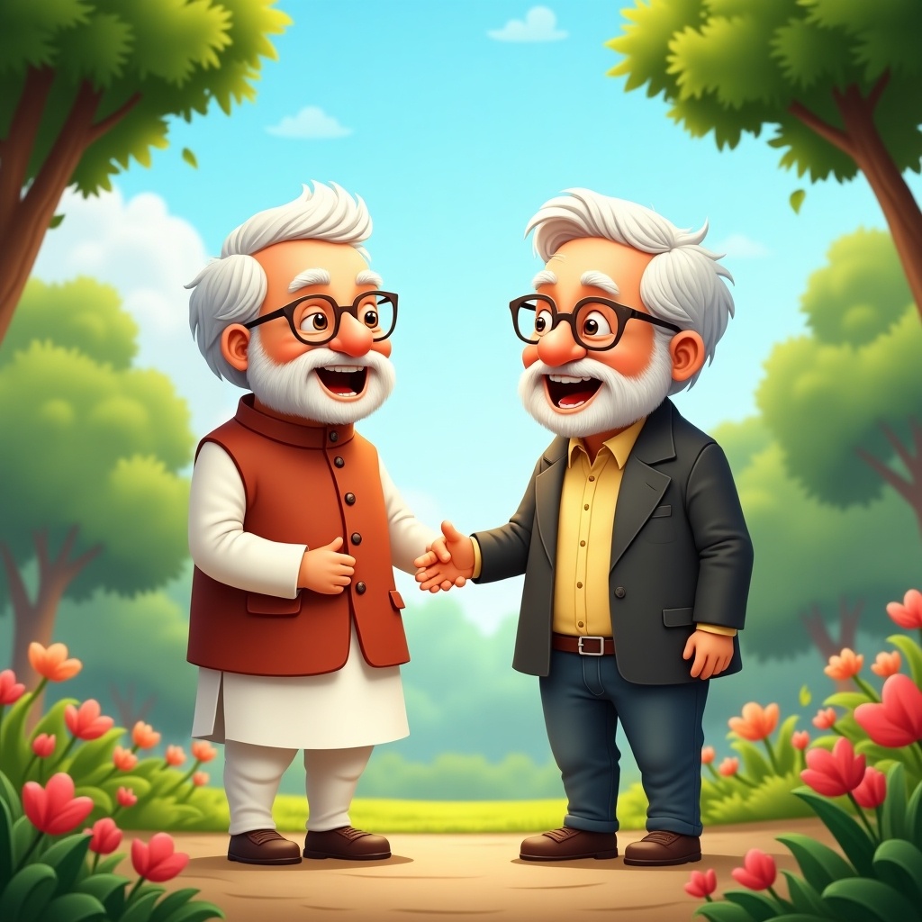 Two cartoonish figures shake hands in a colorful garden full of flowers. The scene looks cheerful and warm. The characters are dressed in traditional and modern attire, representing friendship. The background features lush greenery with a bright blue sky.