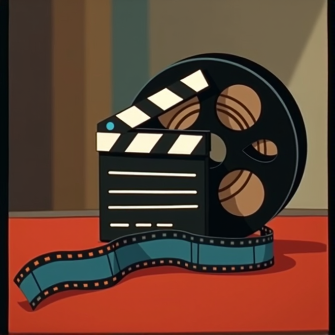 A film reel and clapperboard rest on a red surface in a stylized, colorful illustration.