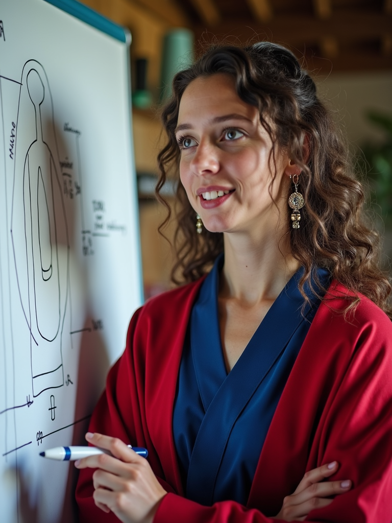 A person stands beside a whiteboard with a drawing, holding a marker and wearing a red and blue outfit.