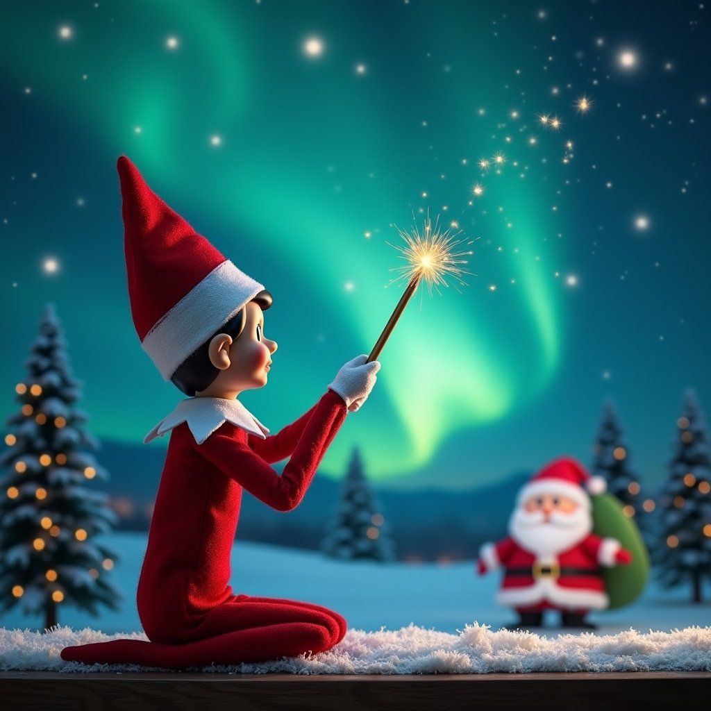 Elf on the shelf sitting with back to the viewer. Elf holding a wand to write Aiden in the sky. Magical Christmas scene with northern lights and Santa in the background.