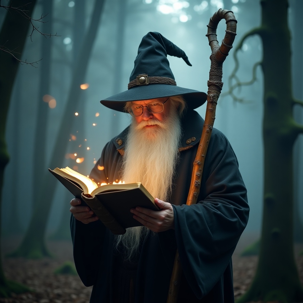 In a mystical forest shrouded in fog, a wise wizard with a long white beard stands as he reads from an ancient spellbook. He wears a deep gray robe and a pointed hat, with his magical staff resting by his side. The spellbook emits a soft, glowing light that illuminates his face, suggesting the secrets of magic contained within. Around him, trees loom, their forms partly obscured by mist, adding to the ambiance of mystery. The atmosphere evokes a sense of wonder and enchantment as the wizard delves into forgotten knowledge.