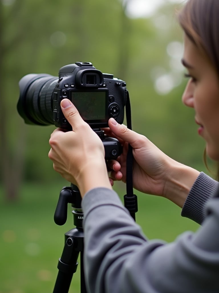 Person adjusts camera on tripod in natural setting. Background is blurred greenery. Girlfriend of the person is focused. They ensure proper framing and settings.