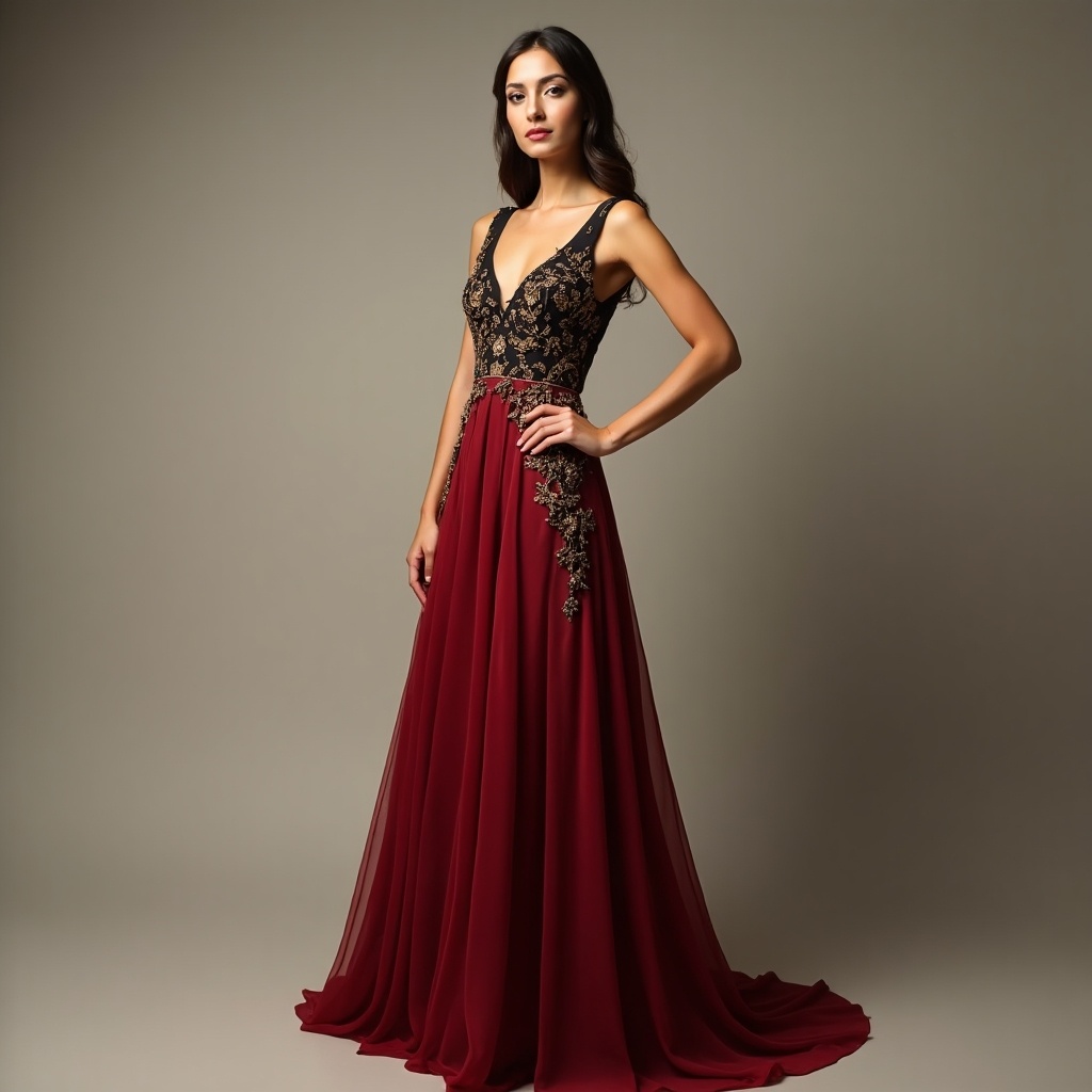 Person in a long evening dress. Dress features gold and black accents on red fabric. Model poses confidently against a neutral background. Soft lighting highlights the details of the garment.