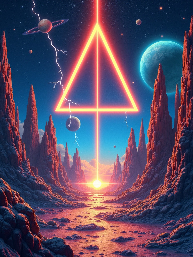 Artwork designed for a space rock album with a surreal landscape. The scene showcases towering rock formations and a starry cosmic backdrop. A glowing triangle lights up the scene, framed by vibrant lightning and drifting planets. Shiny diamonds hang in the center, reflecting light and images. Color palette ranges from deep blues to bright oranges, creating an electrifying atmosphere. Overall vibe is psychedelic and futuristic, evoking space exploration and musical energy.