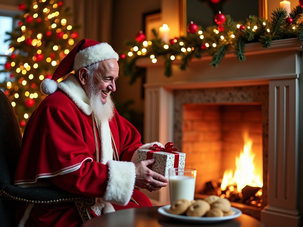 The image captures a joyful moment of Santa Claus holding a beautifully wrapped gift in front of a warm, inviting fireplace. The setting is adorned with festive decorations, including a decorated Christmas tree in the background and a plate of cookies with a glass of milk in the foreground. The ambient lighting adds a cozy and magical atmosphere to the scene.