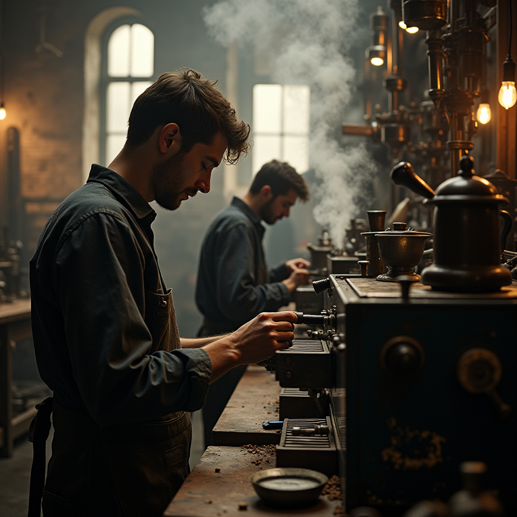 Two craftsmen work meticulously on vintage coffee roasting machines in a dimly lit workshop.