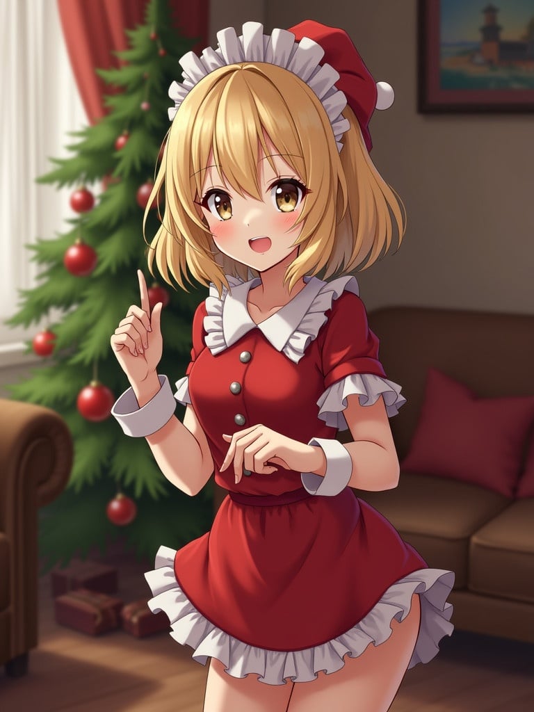 A girl in a Christmas-themed living room. She wears a short, red dress resembling Mrs. Claus. The room has a Christmas tree and holiday decorations. Focus on her cheerful pose and the cozy atmosphere.