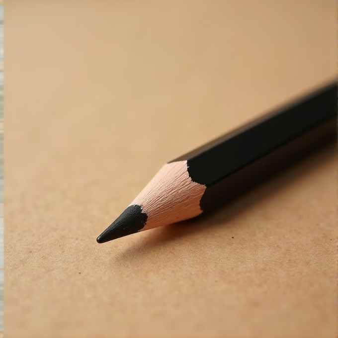 A sharp black pencil on a smooth beige surface, showcasing its pointed tip and hexagonal wooden barrel.