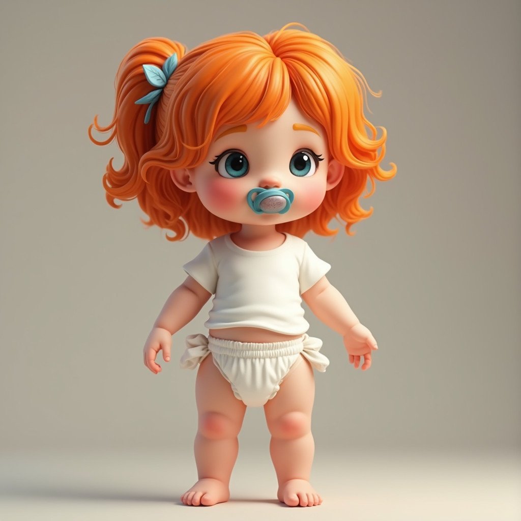 A child character with vibrant orange hair standing. Soft features present. Wearing a white t-shirt and diapers. Pacifier placed in mouth.