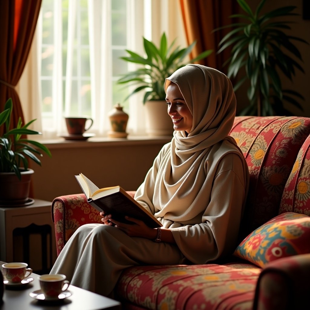 A person reading a book in a cozy room. Soft sunlight filters through a window. The scene includes comfortable furniture and plants.