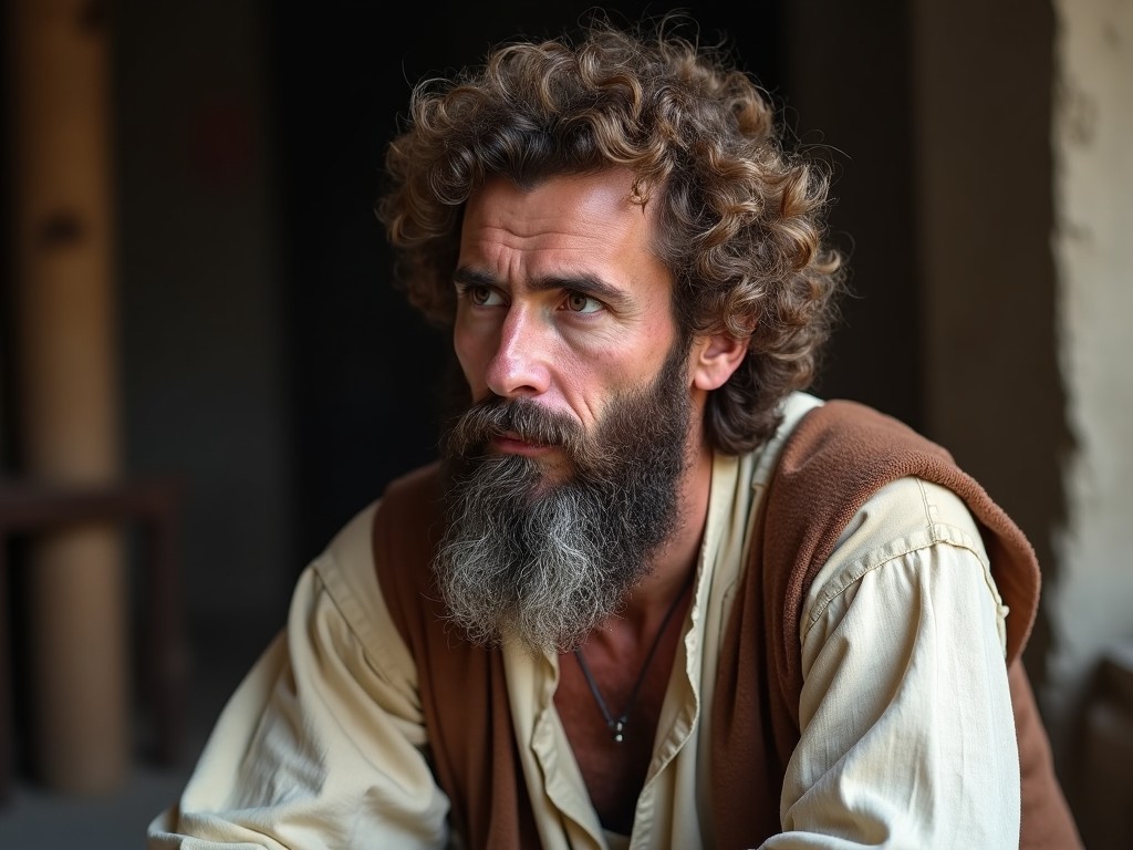 A man with curly hair and a thick beard is wearing traditional clothing, gazing thoughtfully to the side. His expression is pensive, as if deep in thought. The scene is illuminated by natural light, creating a warm and inviting atmosphere. The intricate details of his beard add character to his face. His traditional clothing suggests a historical or cultural context, making the viewer curious about his story.