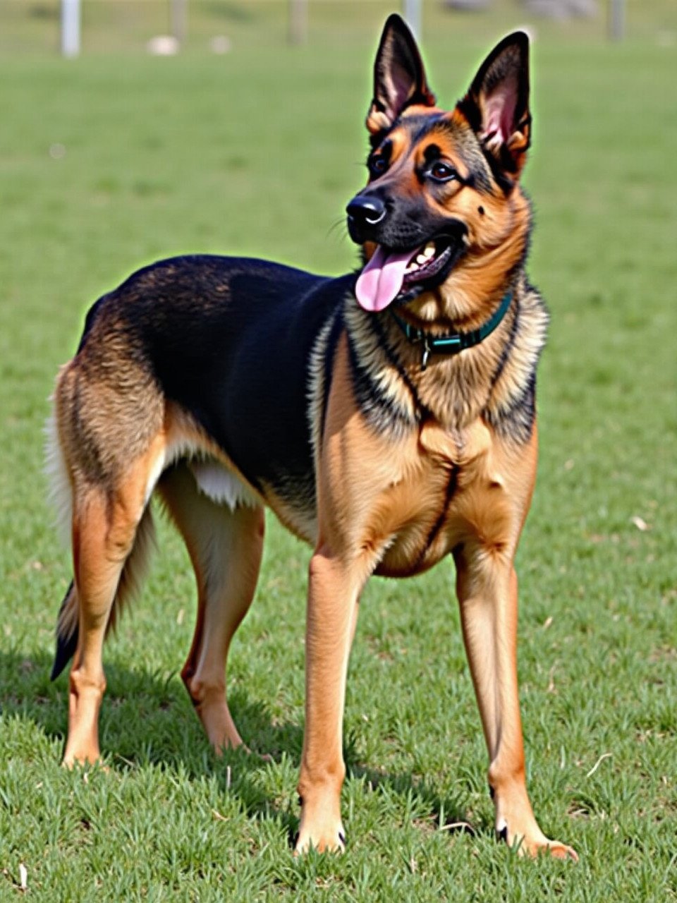 Image of a German Shepherd standing outdoors on grass. Dog has a sleek coat and a confident stance, with a joyful expression.