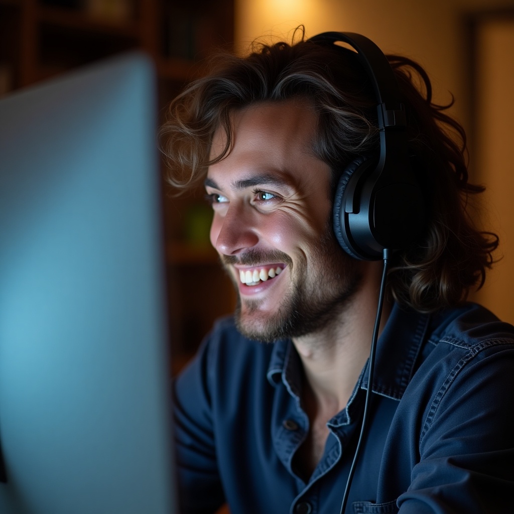 A person wearing headphones smiles while looking at a computer screen.