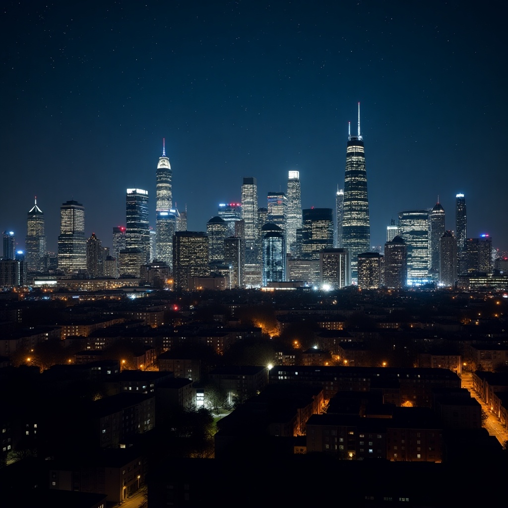 Modern city skyline illuminated against the night sky. Skyscrapers glow over a quiet residential area with twinkling lights.