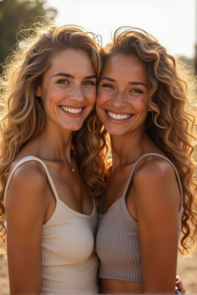 Two women with long, wavy hair standing closely together, smiling warmly in the sunlight.