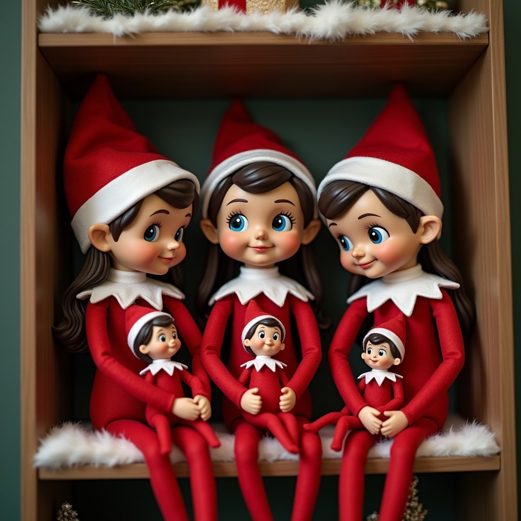 Group of children sitting on a shelf holding toy elves. Two girls with brown skin and straight hair, one boy, and three elves. Holidays theme