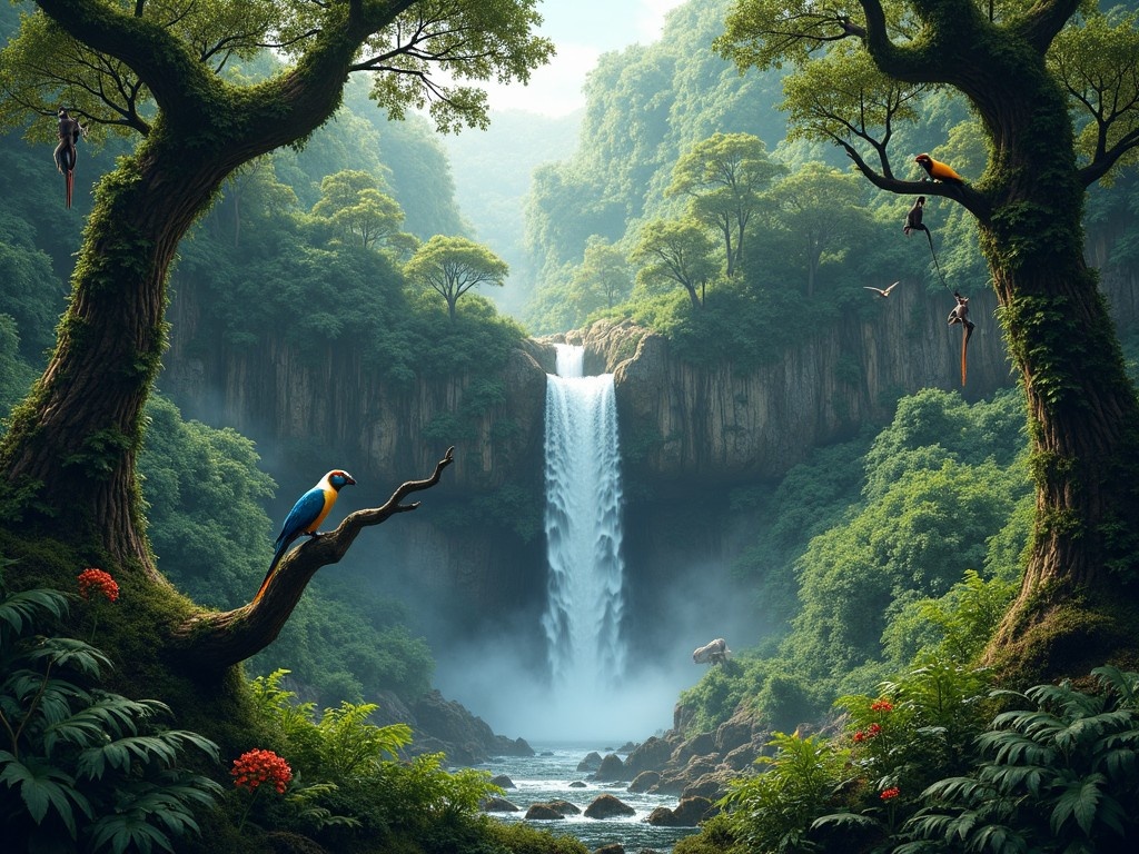 This image showcases a dense rainforest dominated by a beautiful cascading waterfall. Tall trees draped in vibrant green moss surround the scene, exuding life and vitality. Colorful exotic birds flit between the branches, adding bursts of color to the greenery. Monkeys can be seen swinging from the branches, enhancing the lively atmosphere. The forest floor is lush with ferns and wildflowers, creating a rich, textured landscape. The mist created by the waterfall adds a mystical quality to the setting.