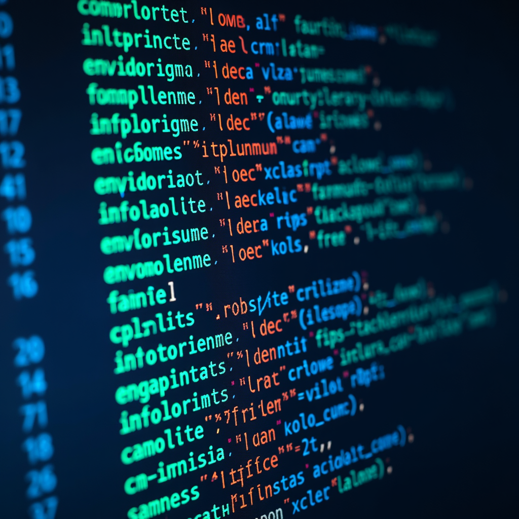 A vibrant display of multicolored code lines on a screen with syntax highlighting, representing programming or software development.