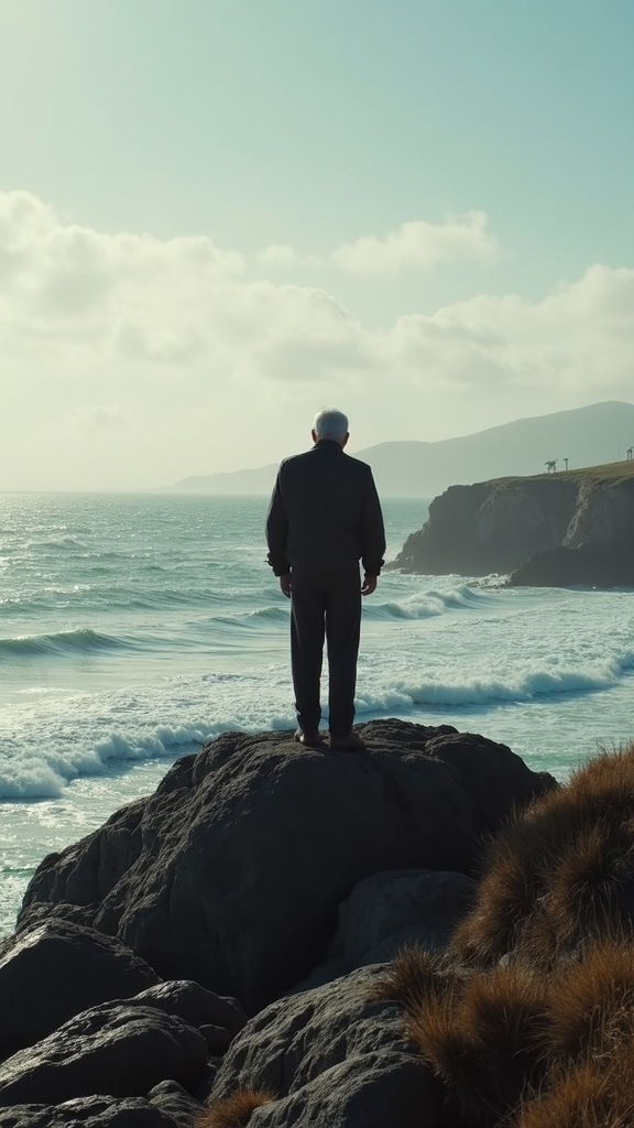 An older man stands on a rock by the ocean, gazing at the waves and distant cliffs under a cloudy sky.