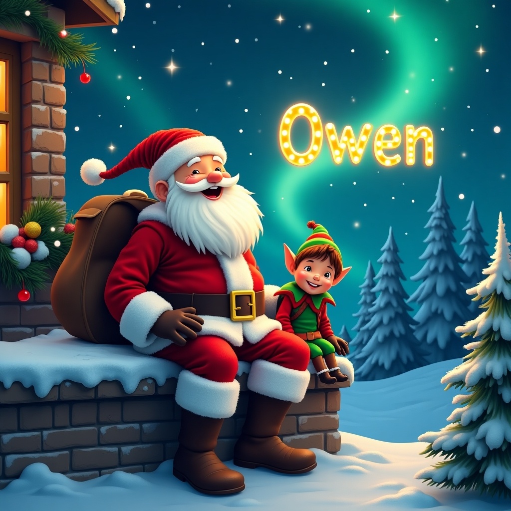 Cozy winter scene with Santa Claus and an elf. Santa has a joyful expression. Name Owen appears in the stars. Christmas decorations are visible. Snow-covered trees in background. Magical holiday atmosphere.