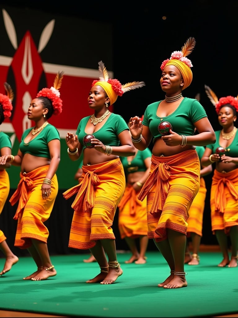 Photograph capturing traditional cultural dance performance. Eight dancers perform in synchronized formation. Warm hues dominate the scene. Dancers wear bright orange-yellow skirts with intricate patterns. Green short-sleeved blouses reveal midsections. Elaborate headdresses with red flowers and tall feathers adorn their heads. Dancers hold traditional drums and rattles. Stage floor is covered with deep green carpet. Kenyan flag mural decorates the background. Lighting is colorful and artificial. Composition focuses on performers from an elevated angle.