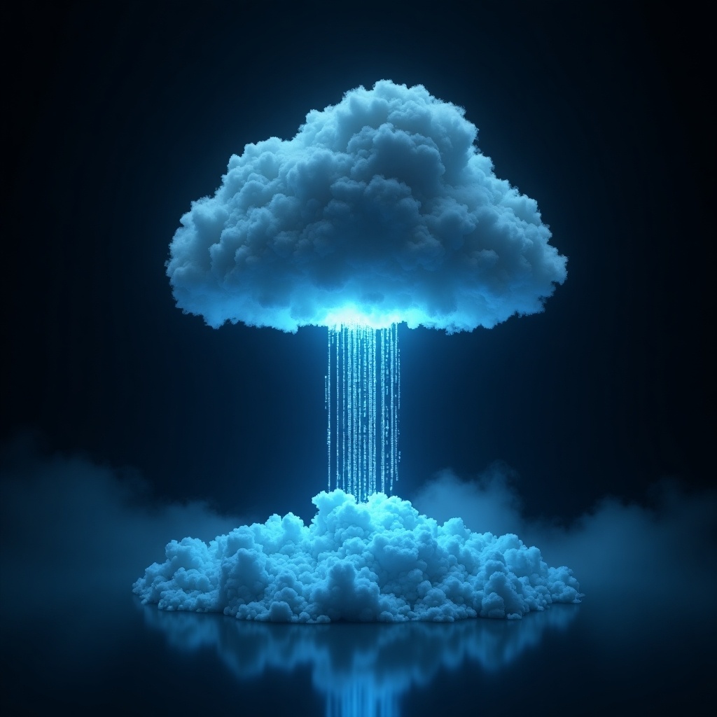 The image depicts a glowing gray cloud-shaped object set against a dark, digital backdrop. The cloud is constructed from illuminated electronic data glowing in a bright blue hue. At the base of this cloud, there is a white glowing opening, from which streams of binary code flow downward, representing data transfer. Below the binary coding, there are scattered, unorganized audit files, implying a chaotic data management scenario. This image symbolizes the concept of cloud data hub technology, particularly relevant to an audit firm.