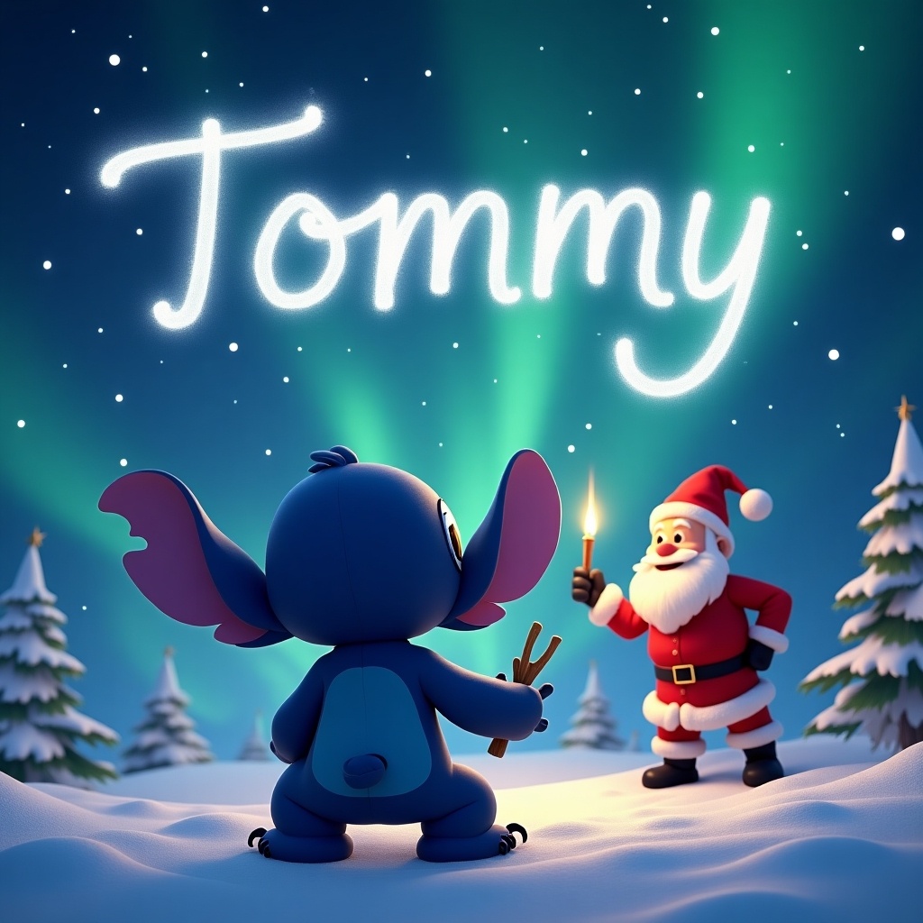 Stitch facing the sky using a magic wand to write Tommy in the air with Santa standing beside.