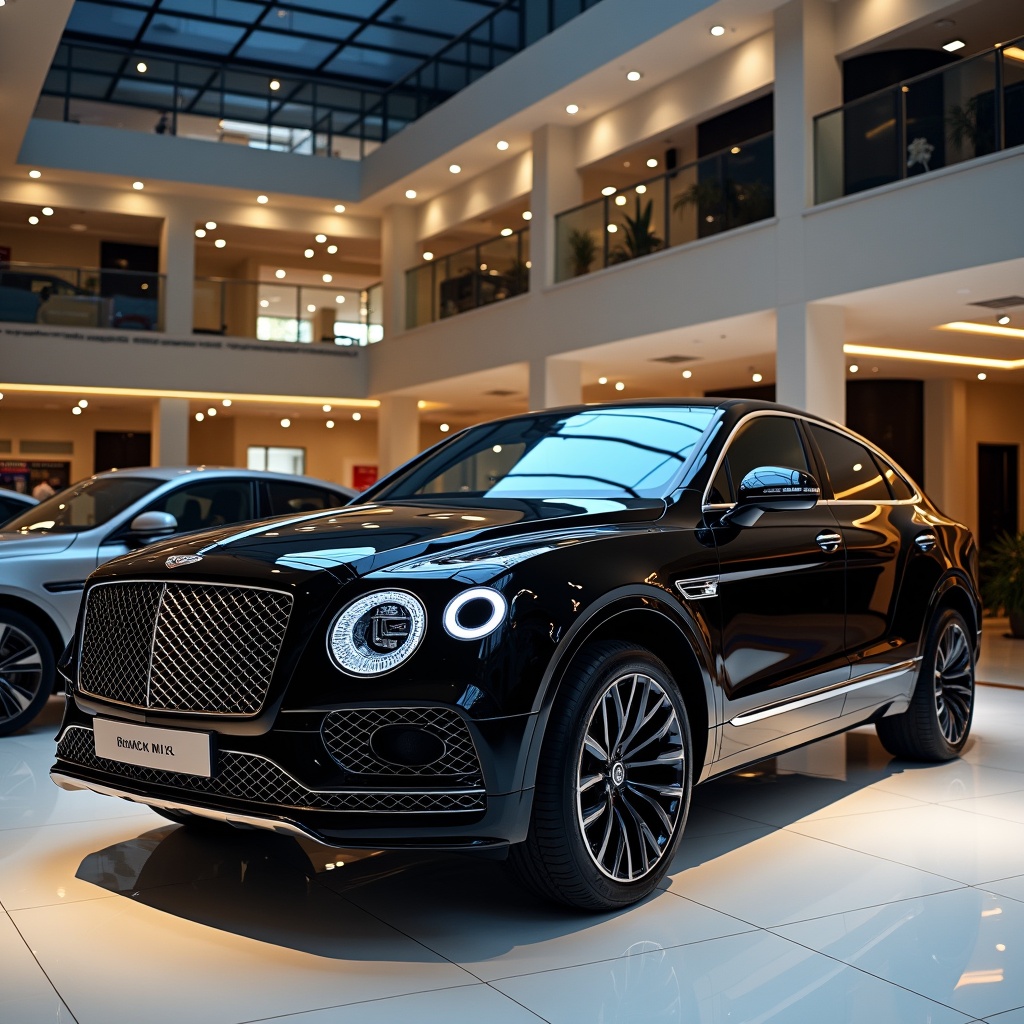 A luxury black car displayed in a modern car dealership showroom with bright lighting and a focus on the vehicle's front design.