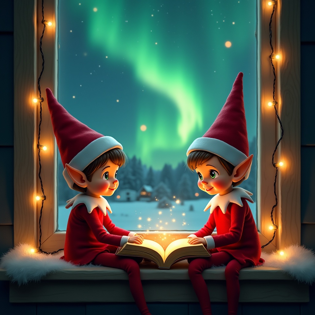 This enchanting image depicts two cheerful elves on the shelf, dressed in iconic red outfits with pointy hats, sitting by a window. They are engrossed in a book illuminated by a soft glow, suggesting the exchange of holiday secrets. Outside, the spectacular northern lights dance in vibrant greens and blues, creating a magical backdrop. Delicate holiday lights frame the window, adding to the festive atmosphere. The overall mood is warm and inviting, perfect for celebrating the spirit of Christmas and anticipation for visits from Santa.