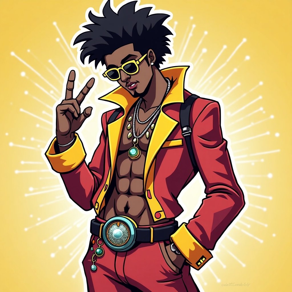 Stylized character design inspired by hip-hop culture. Bright yellow background. Character has an expressive pose and fashion-forward outfit. Layered attire with jewelry and accessories. Strong character presence and dynamic angle.