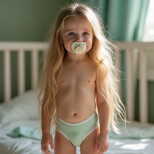 A seven year old girl has long blonde hair and emerald green eyes. She is wearing underwear and standing in a crib. She has a pacifier in her mouth.