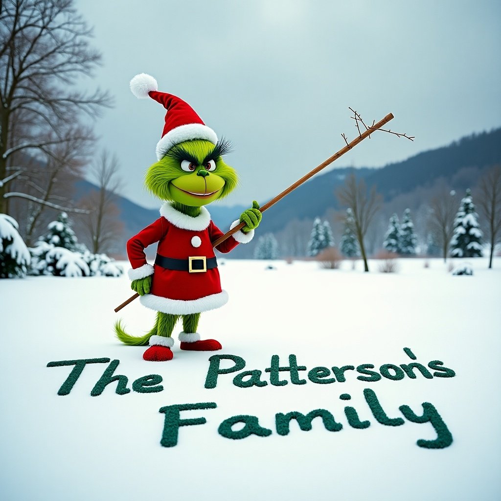 Grinch writing The Pattersons Family in the snow. Scene shows a cartoonish green character with a Santa hat holding a stick. Snowy landscape with trees in the background. Text is formed in the snow below the character.