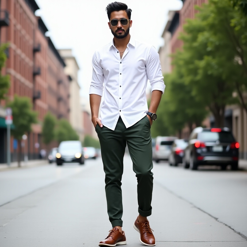 Stylish man standing on the street wearing a white shirt and dark green pants. Brown sneakers and sunglasses are also worn.