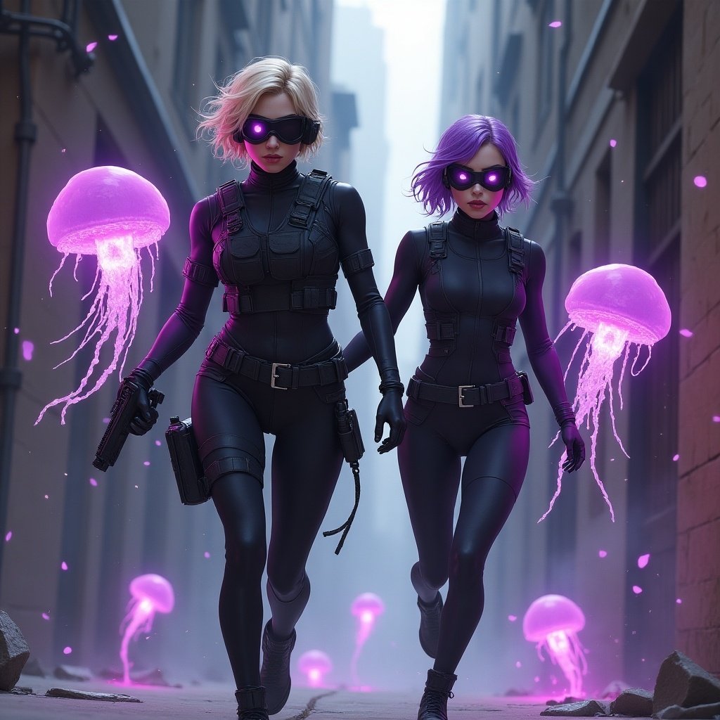 Women in combat suits running in an alley. One woman with blonde hair and a taser. Other woman with purple hair and glowing hands. Surrounded by glowing jellyfish in a fighting pose.