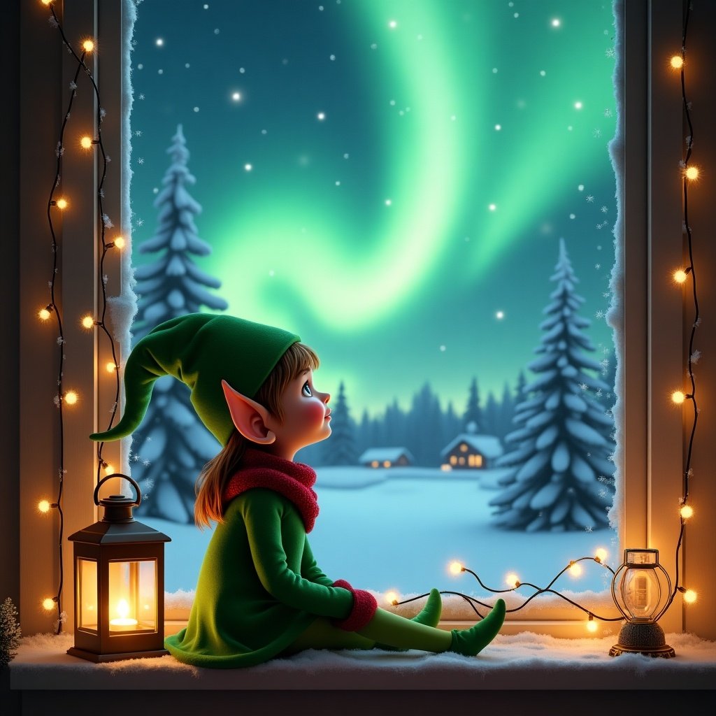 Image of a girl elf watching northern lights from a window in a snowy landscape. The elf is dressed in green with pointed ears. A lantern glows beside her. The scene creates a cozy, magical atmosphere for the Christmas season.