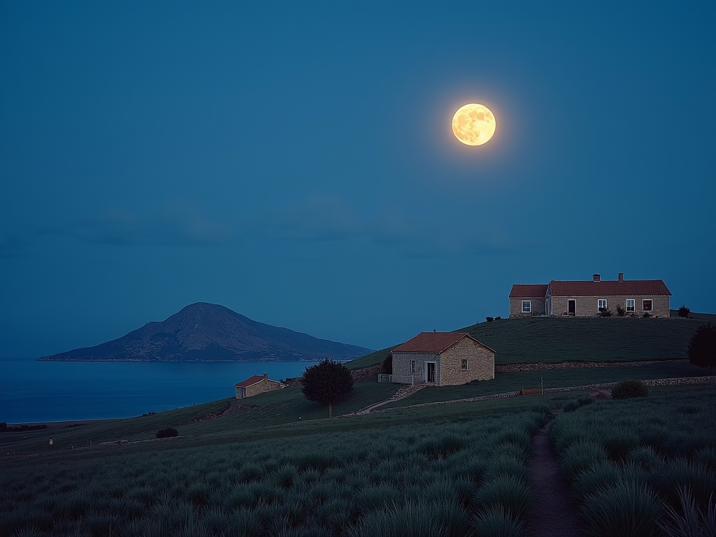 A tranquil landscape featuring a full moon illuminating a hillside with rustic houses and a distant mountain by a serene body of water.