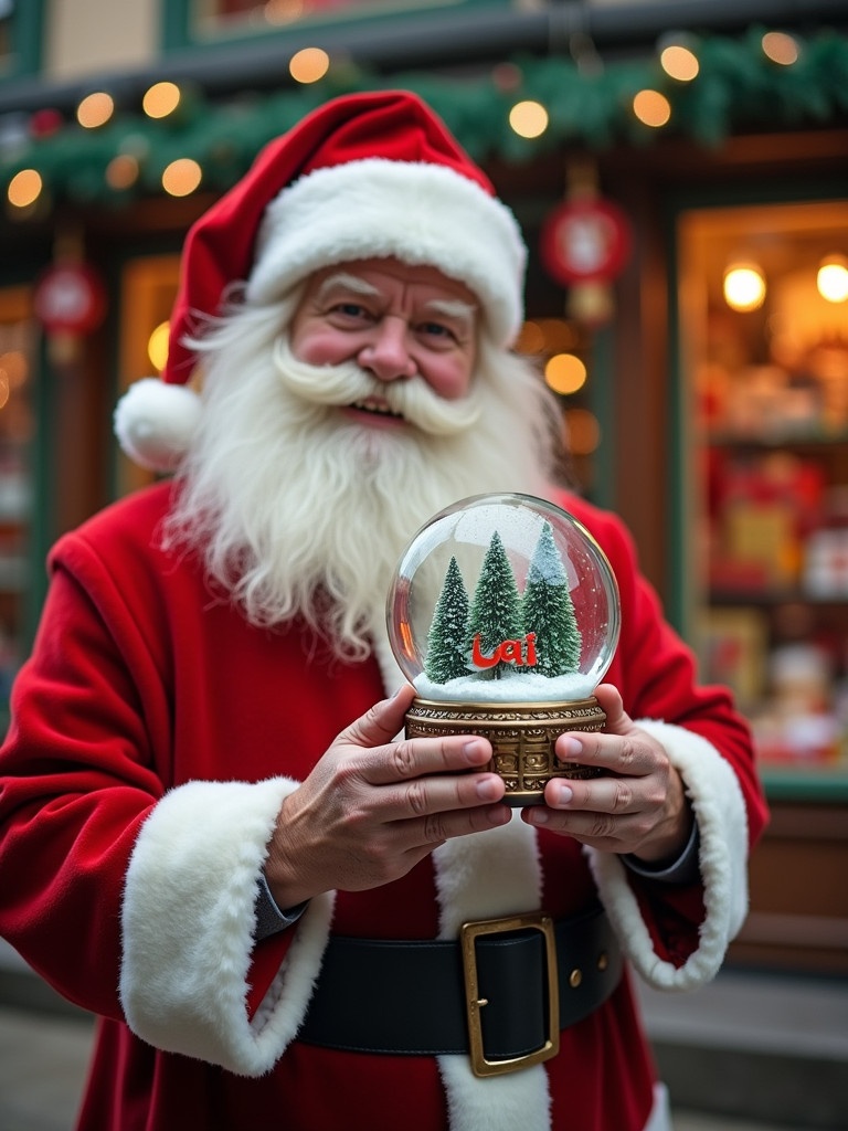 Christmas scene features Santa Claus in red and white suit holding a snow globe. Snow globe contains the name 'Cai'. Background shows a toy shop with festive decorations and glowing lights.