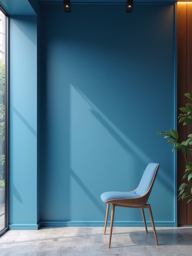 Aqua blue wall and a stylish chair in modern interior. The design emphasizes simplicity and color. Natural light illuminates the space.