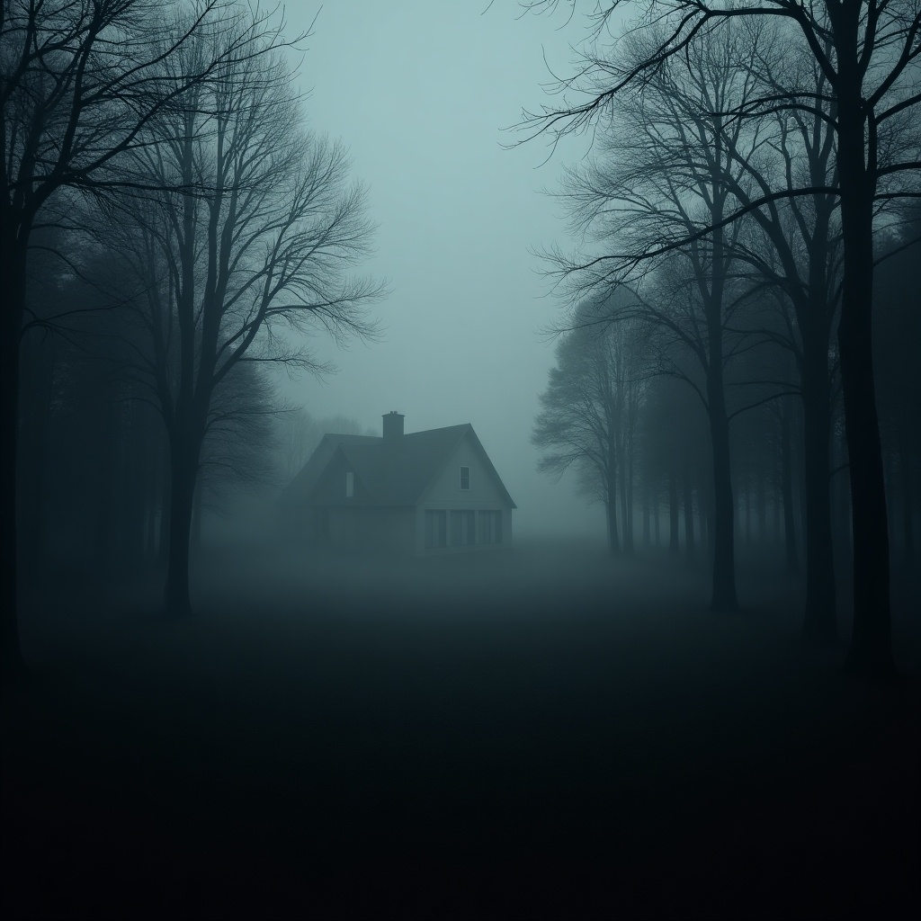 Fog covers the landscape with trees surrounding a distant house. The atmosphere is dark and moody. The house appears ghostly in the fog.