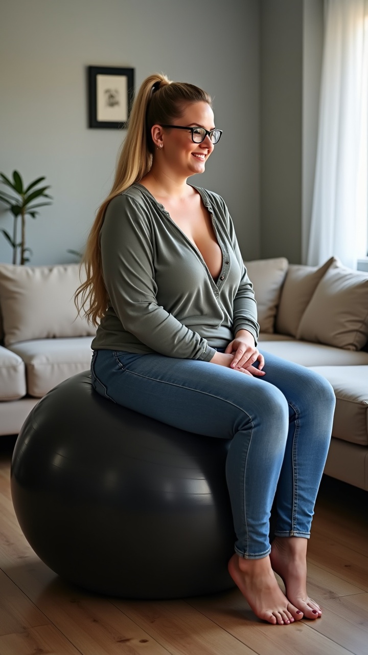 A beautiful young curvy woman is sitting on a slightly underinflated shiny black exercise ball. She has long, blonde ponytail hair and is wearing tight jeans paired with a low-cut long-sleeved shirt. The setting is a cozy Danish living room, which features a light blue wall and a comfortable couch. Natural light fills the room, highlighting her cheerful expression as she smiles. Her glasses add a touch of sophistication to her casual attire. The interior design is modern and inviting, making the scene relaxed and pleasant.