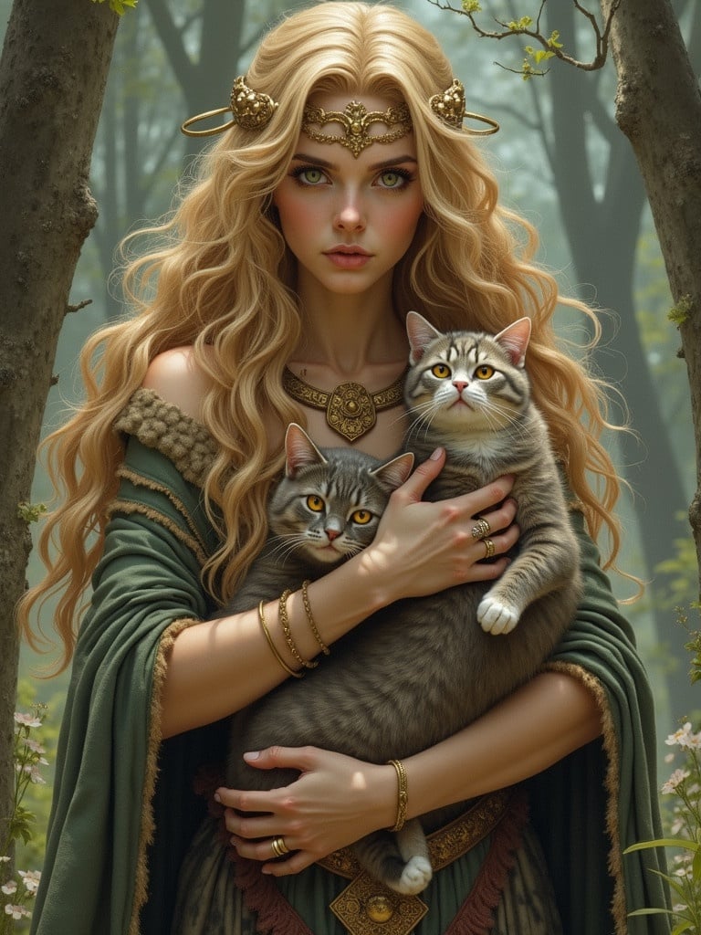 A Norse goddess Freya stands in a tranquil forest. She has long, flowing hair adorned with golden accessories. In her arms, she holds two content cats. The setting is serene with soft lighting and a magical feel.