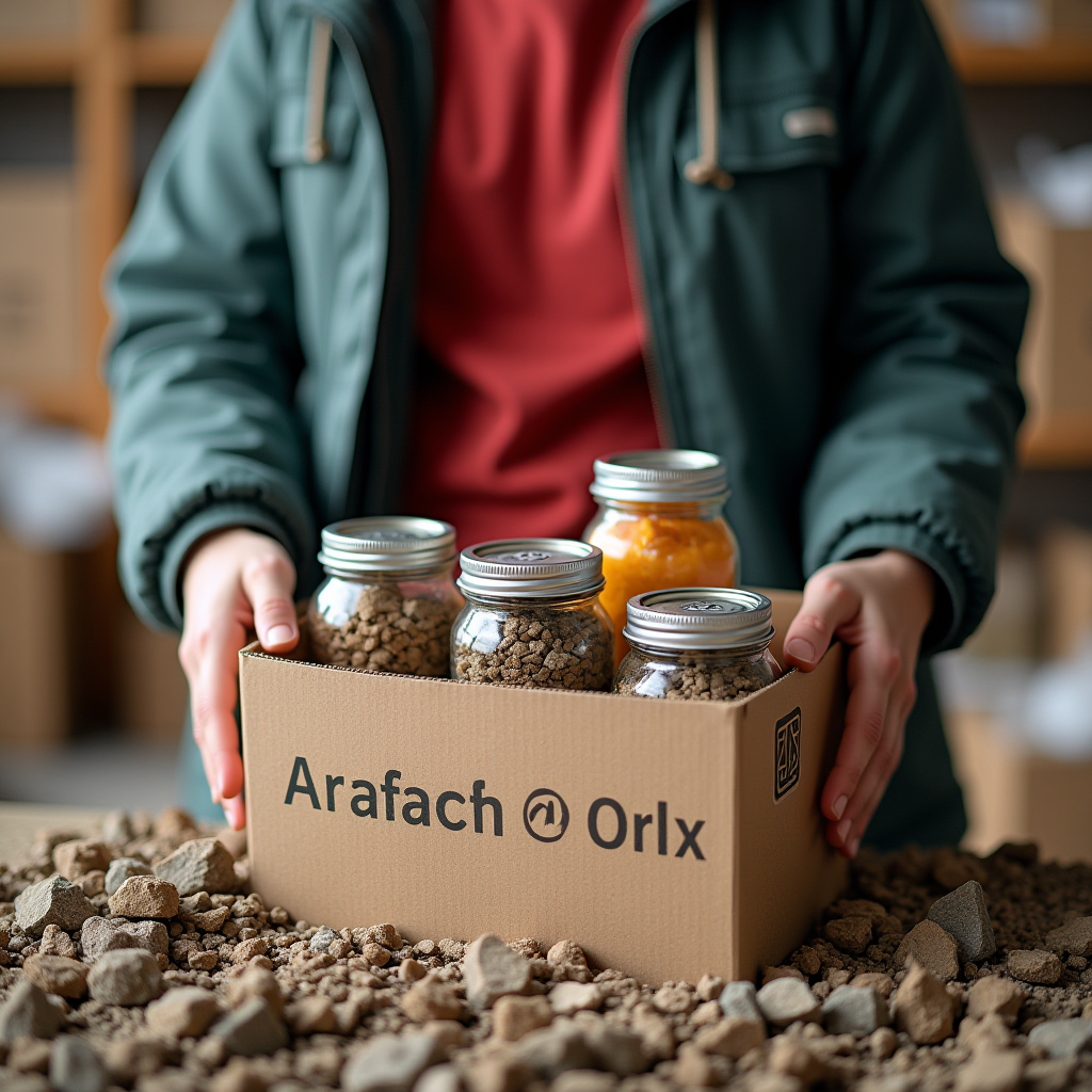 A person holding a box containing jars filled with various materials, surrounded by small rocks.